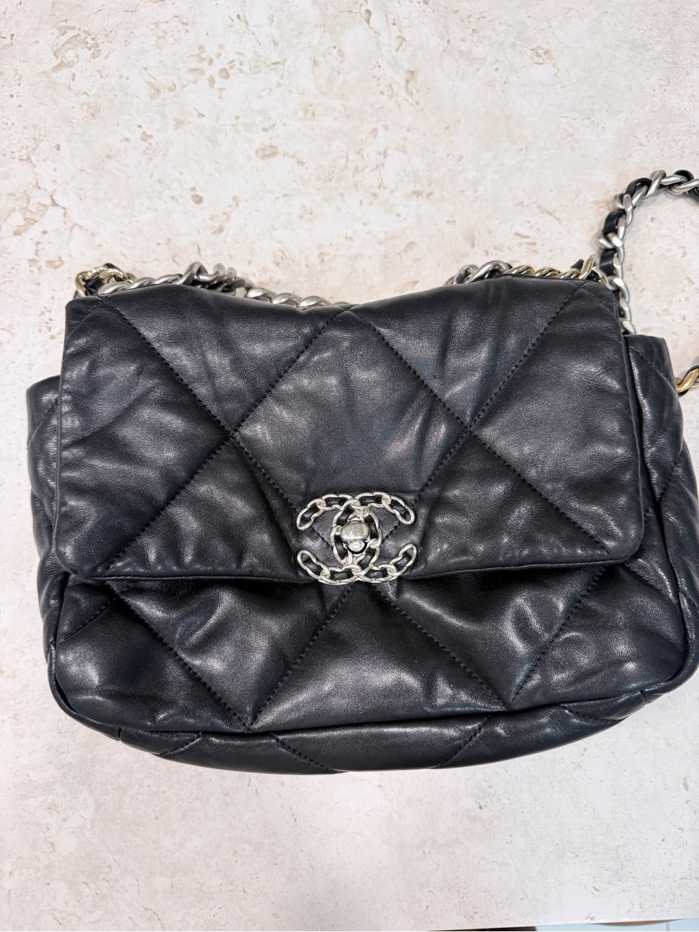 CHANEL Black Quilted Lambskin Shoulder Bag with Silver Chain and CC Lock